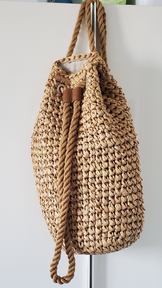 Zara Woven Rope Drawstring Backpack in Natural Tan